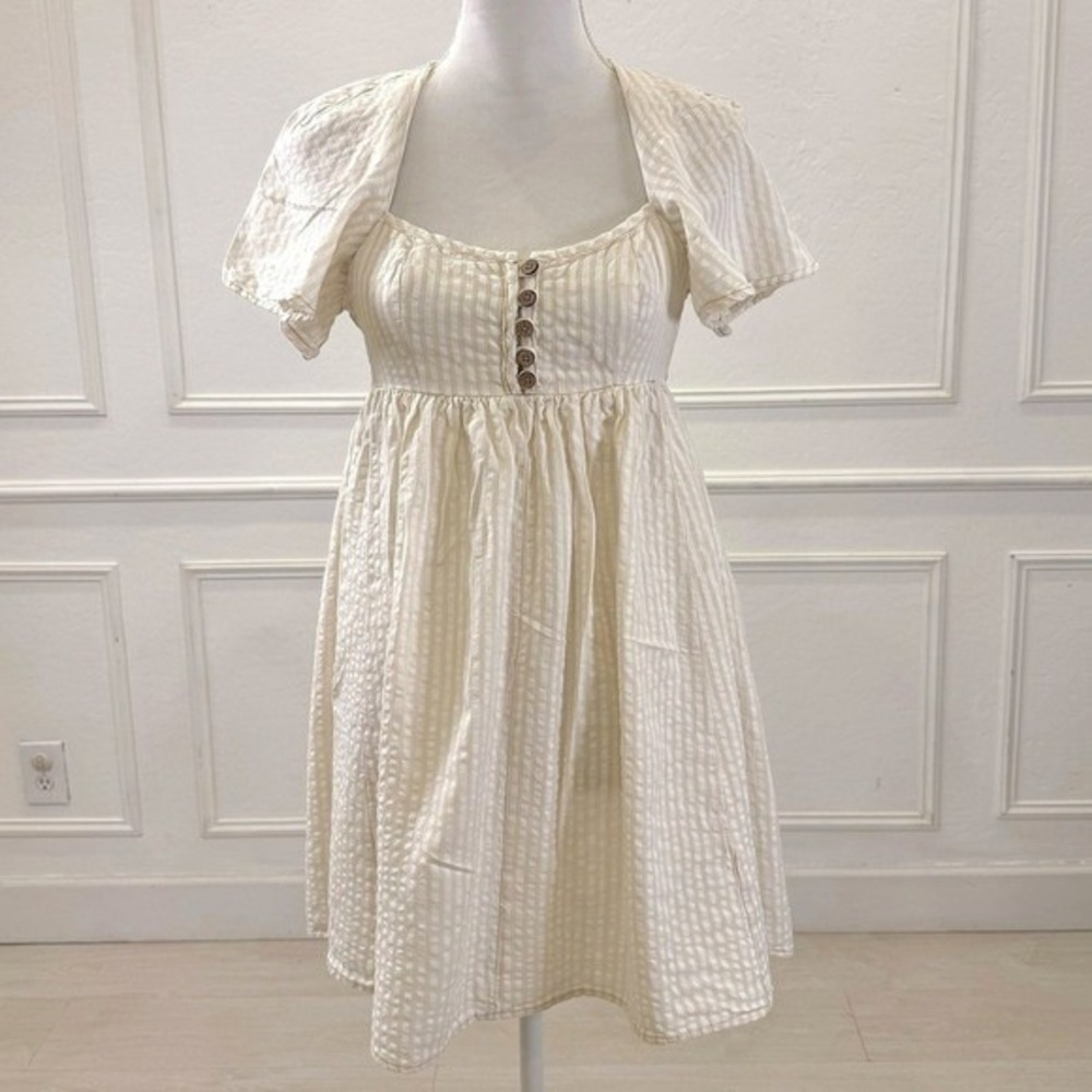 URBAN OUTFITTERS Cream Tan Gingham Puff Sleeve Square Neck Mini Dress Small - Picture 2 of 9